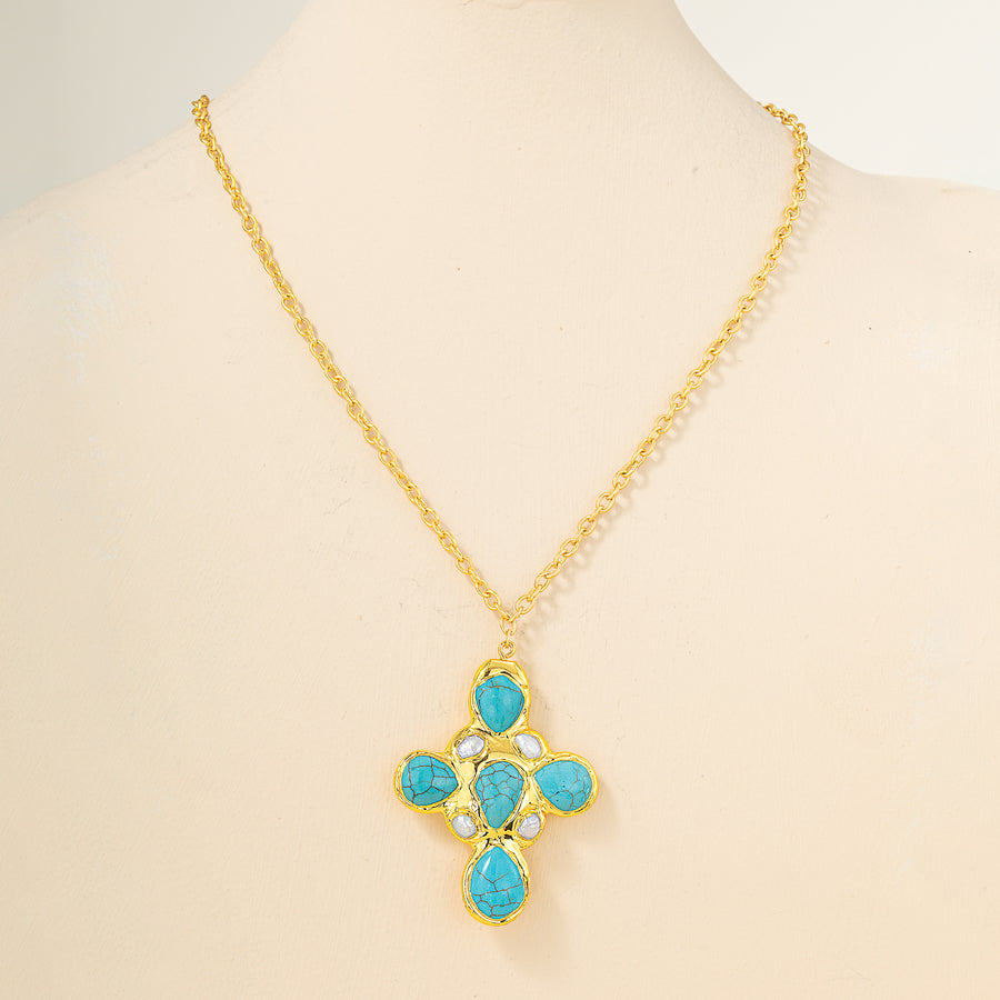 Turquoise & Mother of Pearl Cross Pendant Necklace (Preorder)