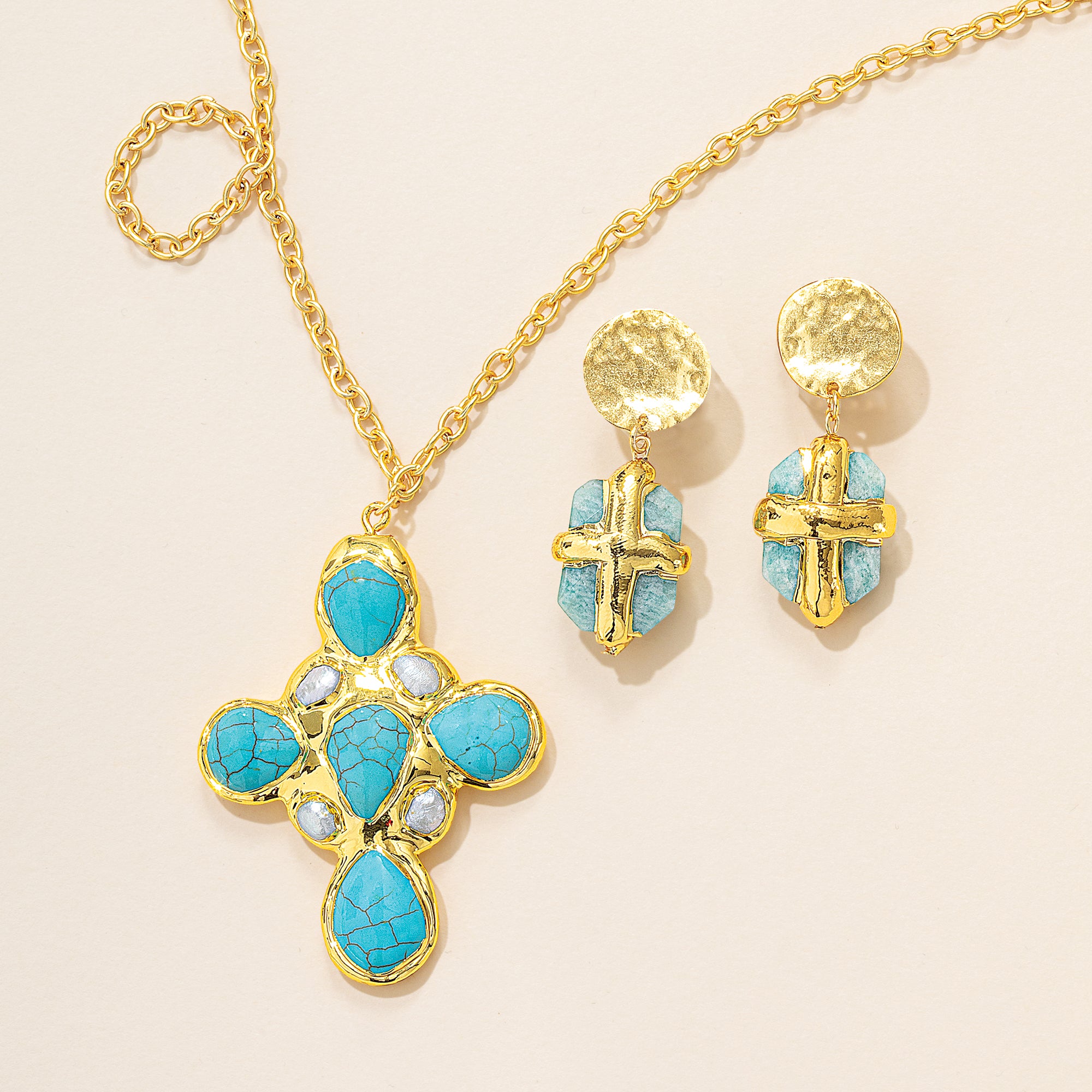 Turquoise & Amazonite Cross Necklace and Earrings Set (Preorder)