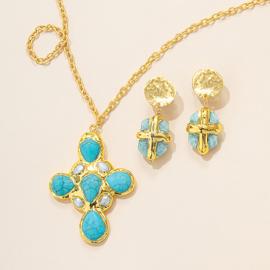 Turquoise & Amazonite Cross Necklace and Earrings Set (Preorder)