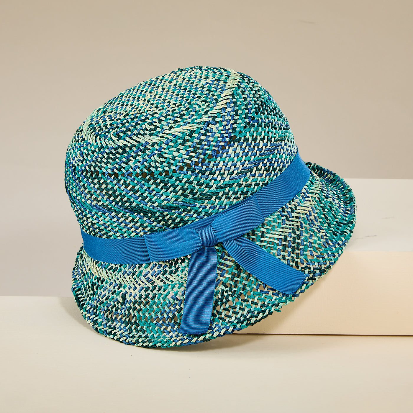 Barbara Turquoise & Tan Woven Cloche
