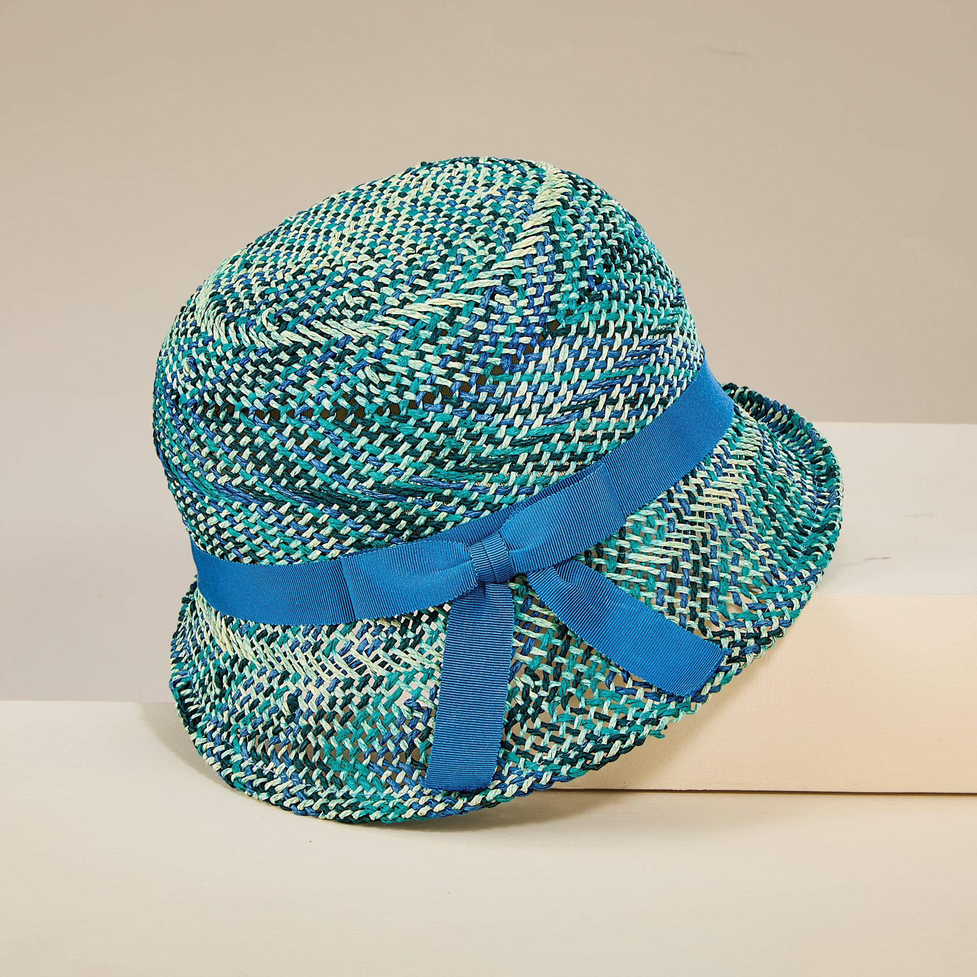 Barbara Turquoise & Tan Woven Cloche