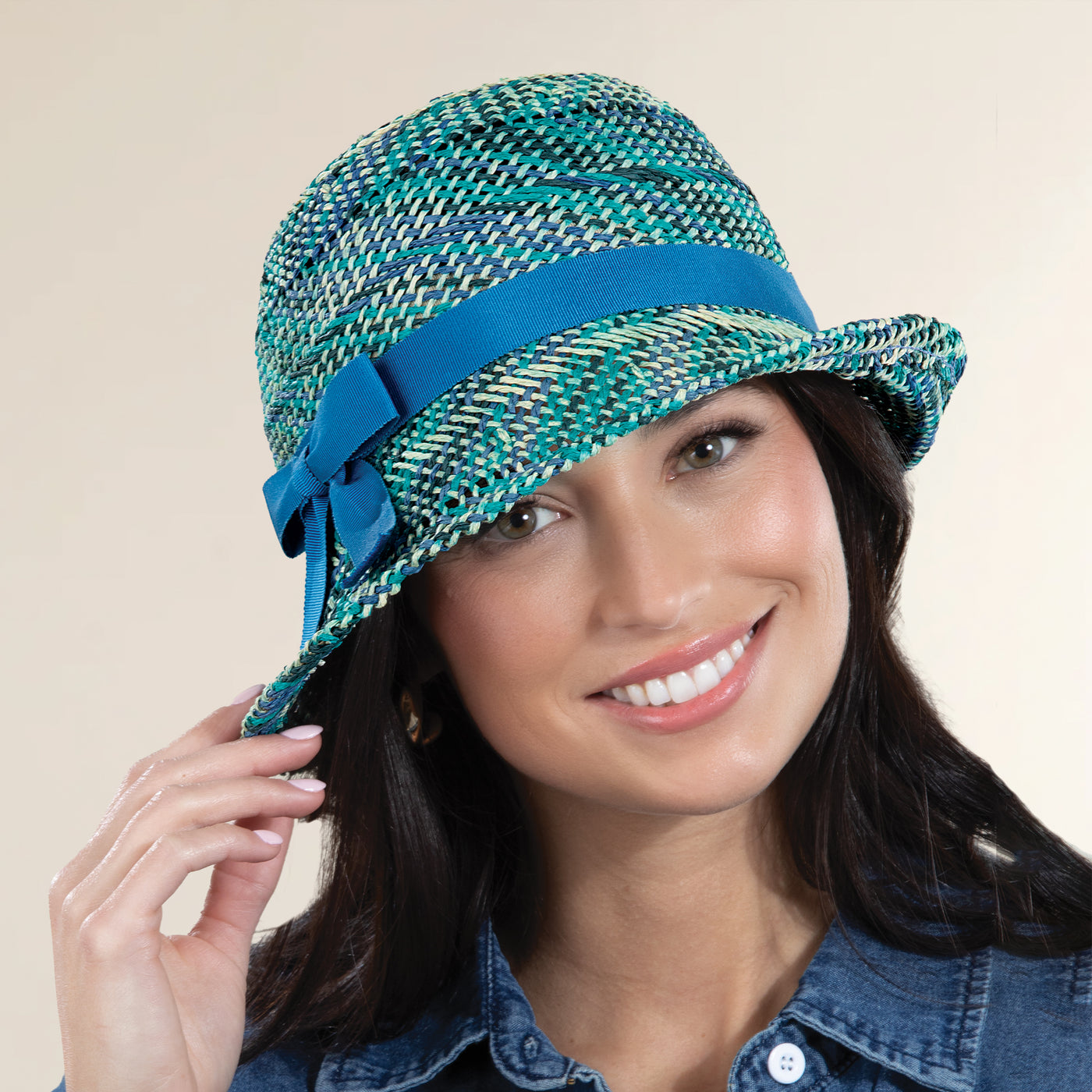 Barbara Turquoise & Tan Woven Cloche