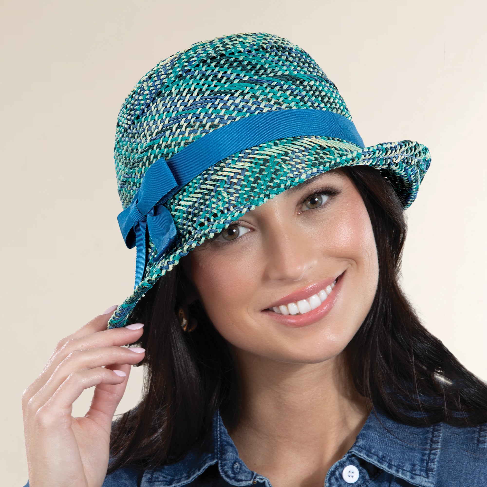 Barbara Turquoise & Tan Woven Cloche