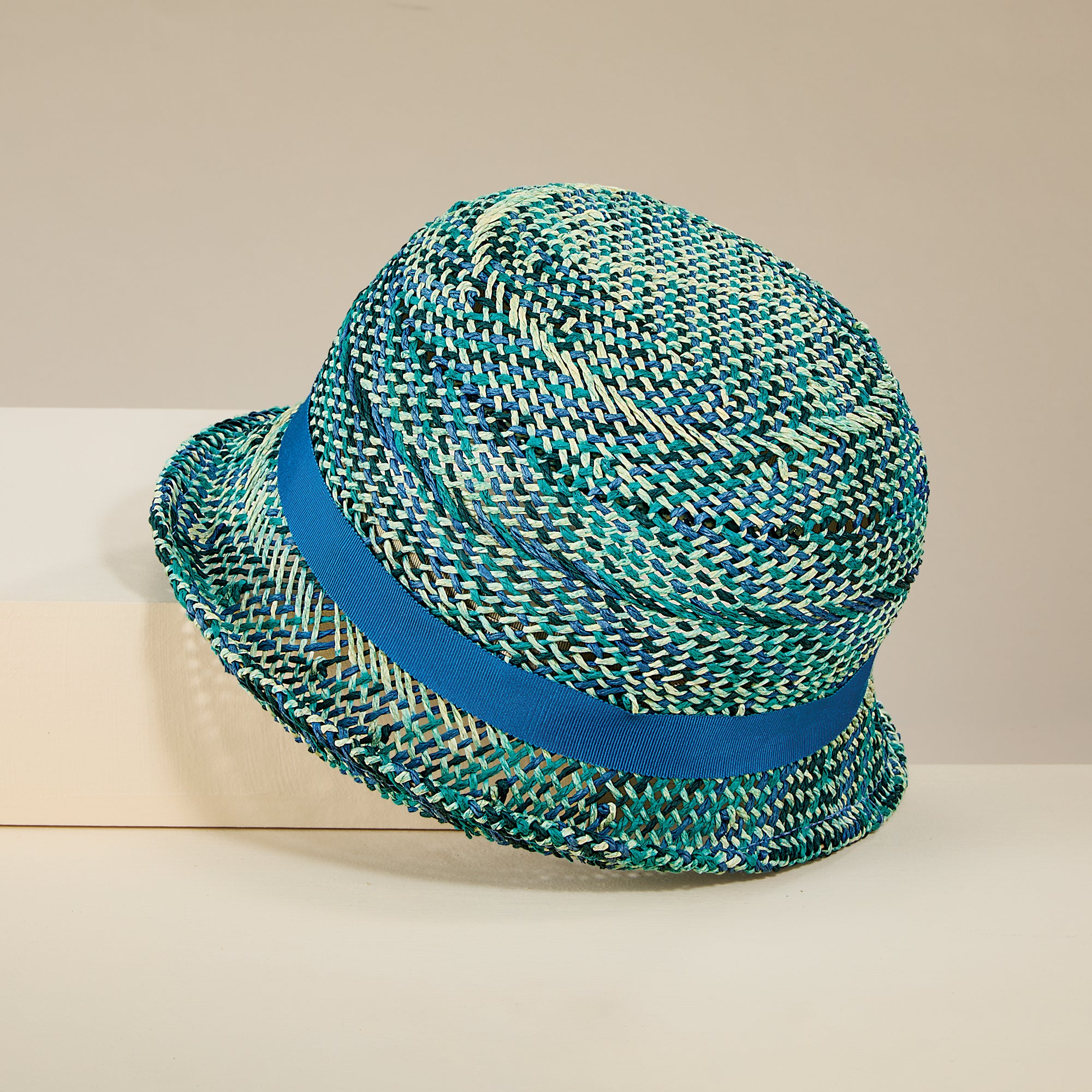 Barbara Turquoise & Tan Woven Cloche
