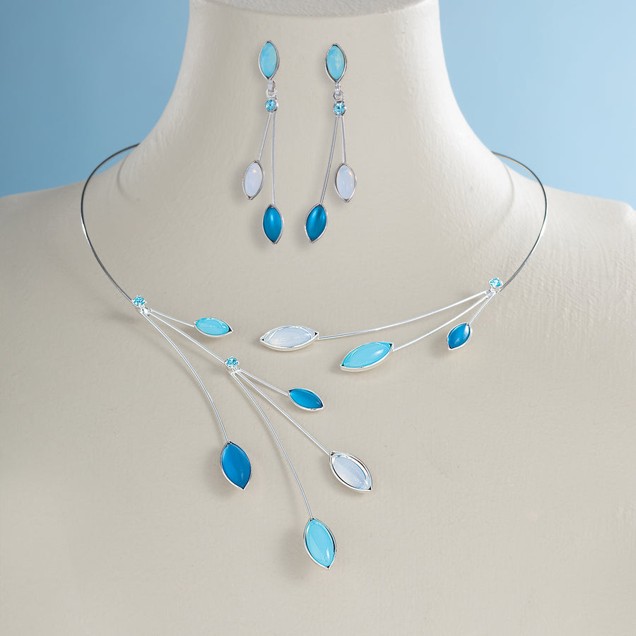 Czech Glass Leaves Blue Opalescence Necklace & Earrings Set