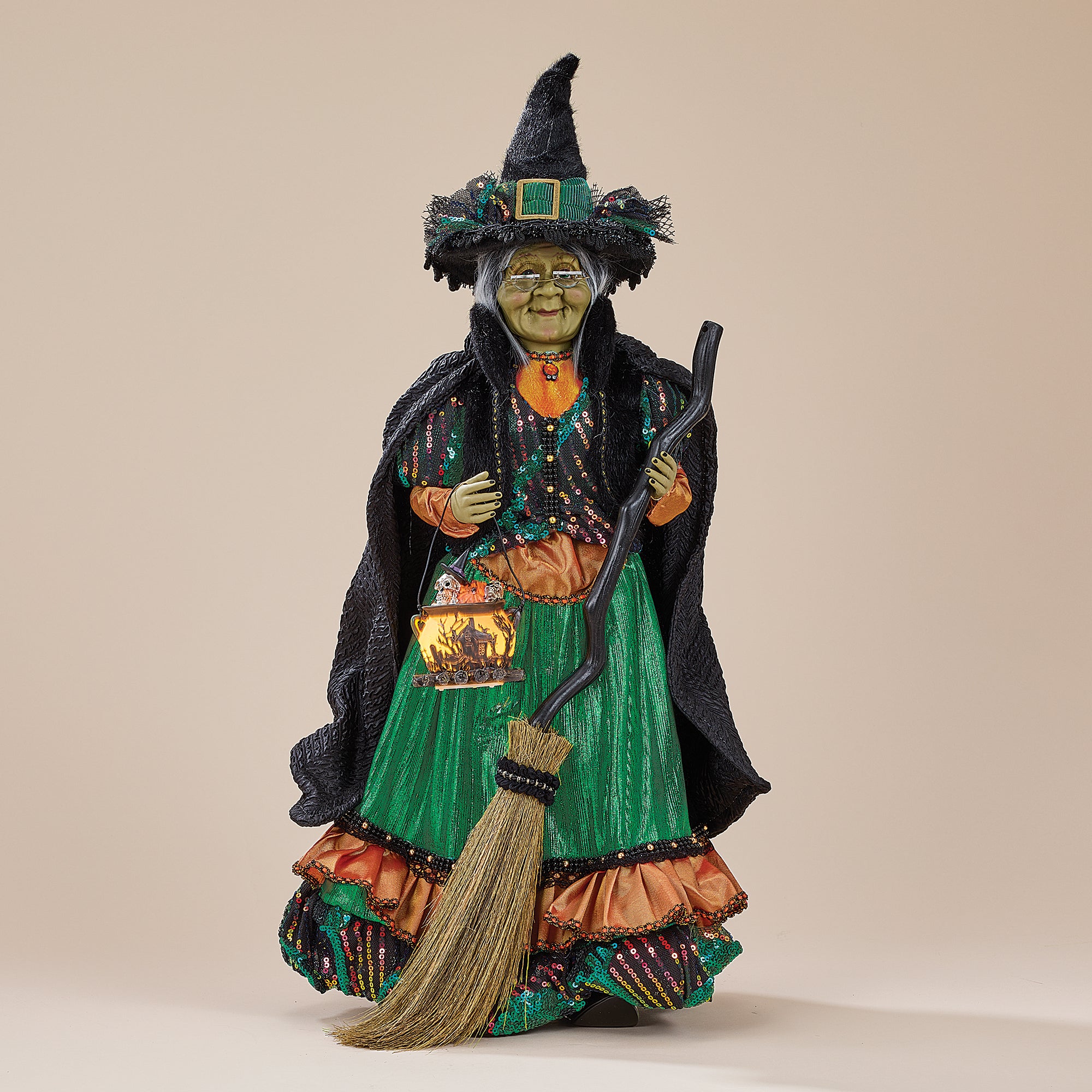 Lighted Cauldron Witch Sculpture