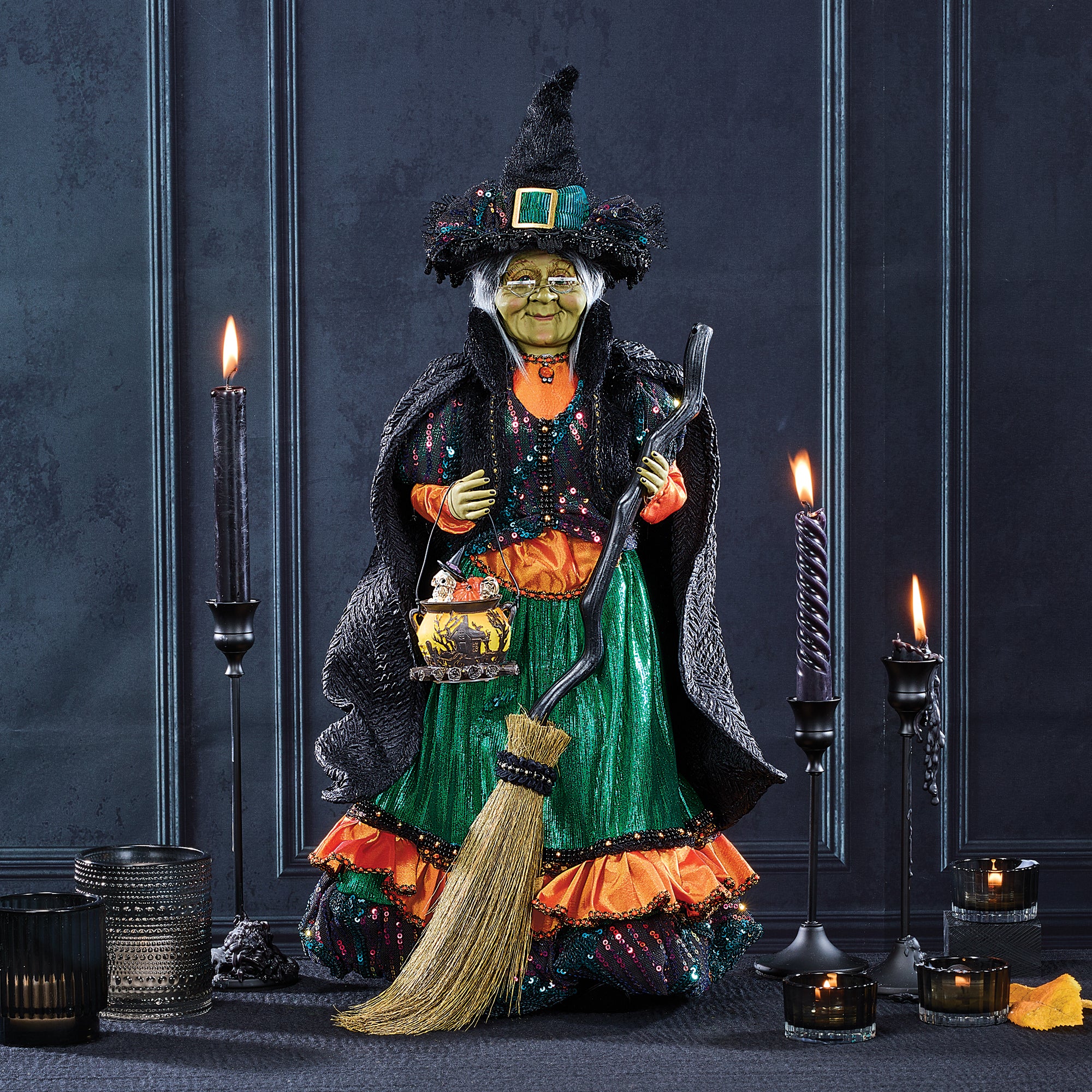 Lighted Cauldron Witch Sculpture