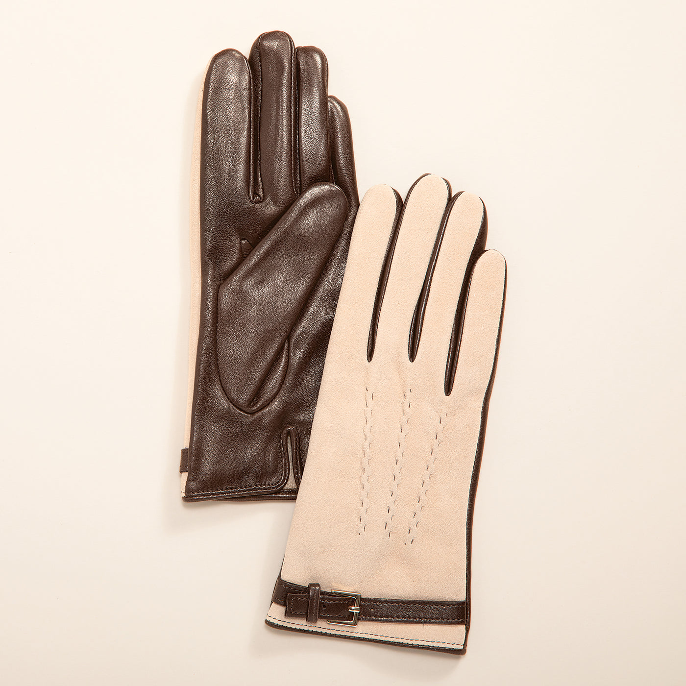 Cashmere Lined Ivory & Brown Italian Leather Gloves