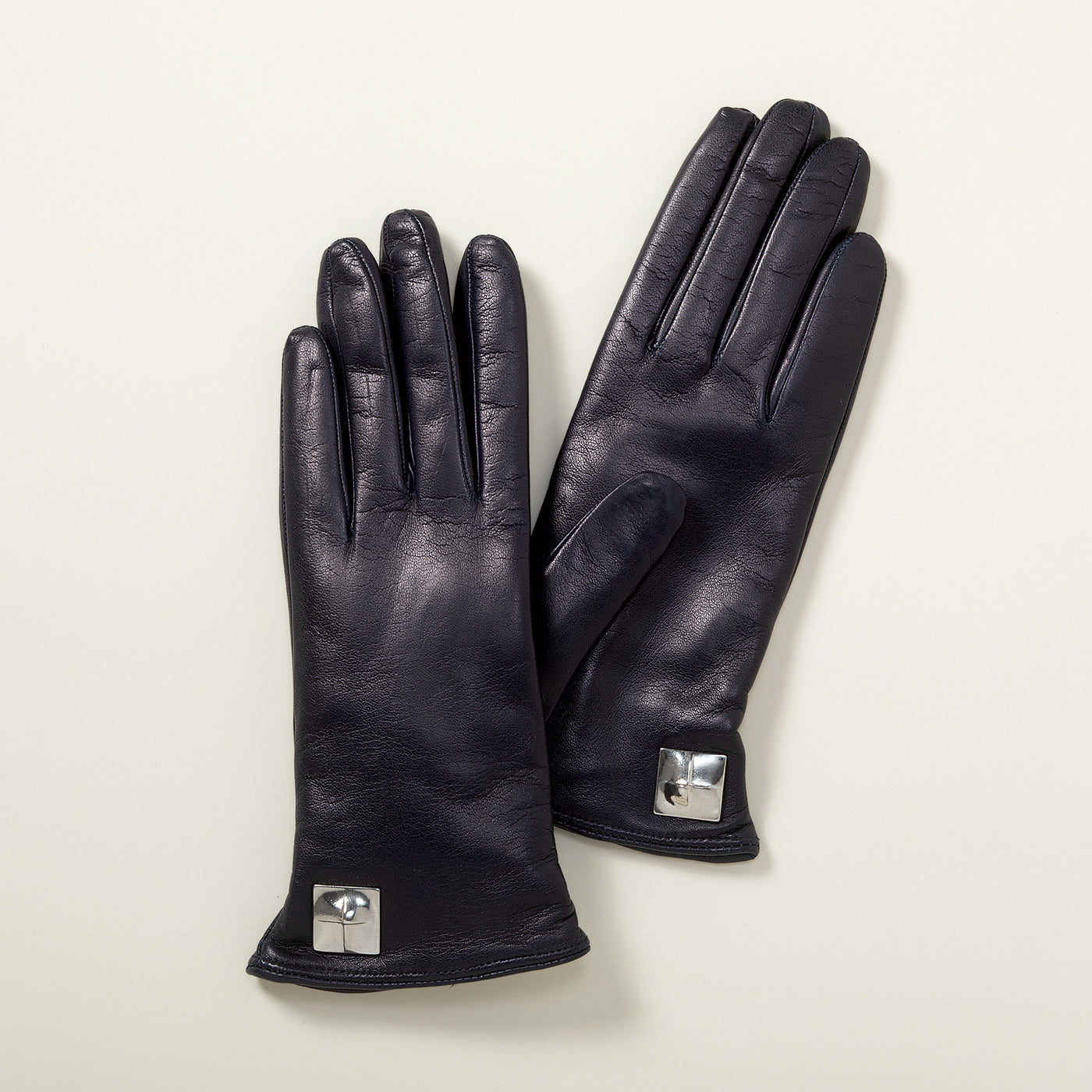 Cashmere Lined Metal Accent Black Leather Gloves