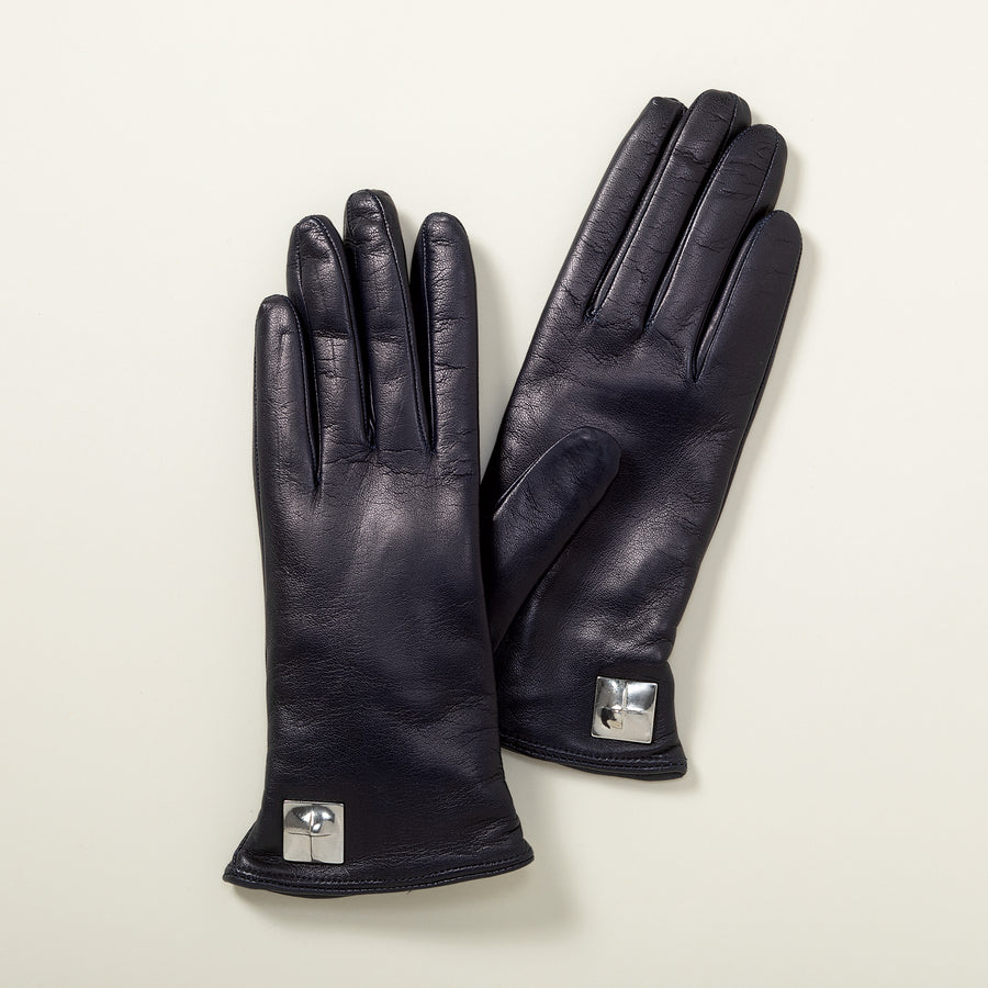Cashmere Lined Metal Accent Black Leather Gloves