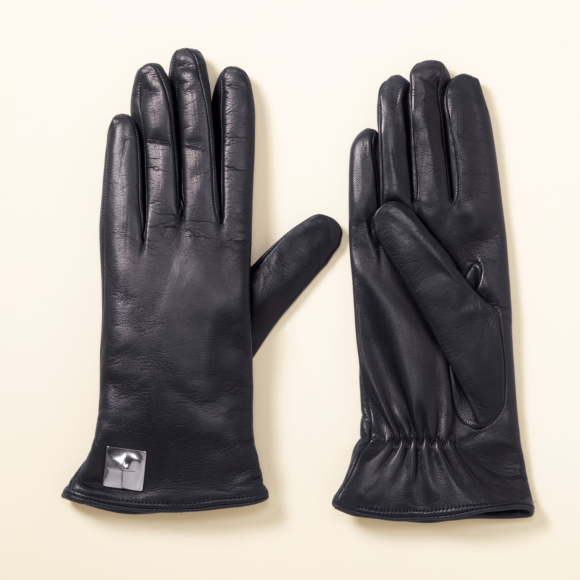 Cashmere Lined Metal Accent Black Leather Gloves