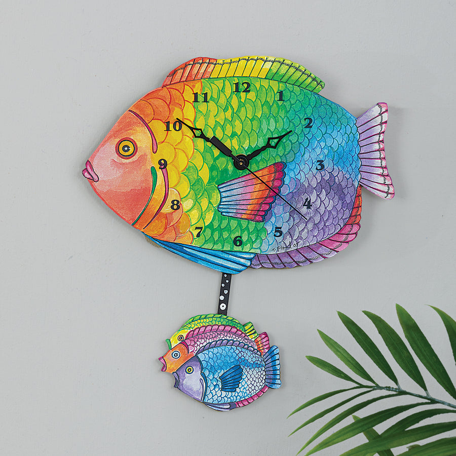 Hand-Painted Rainbow Fish Wood Clock