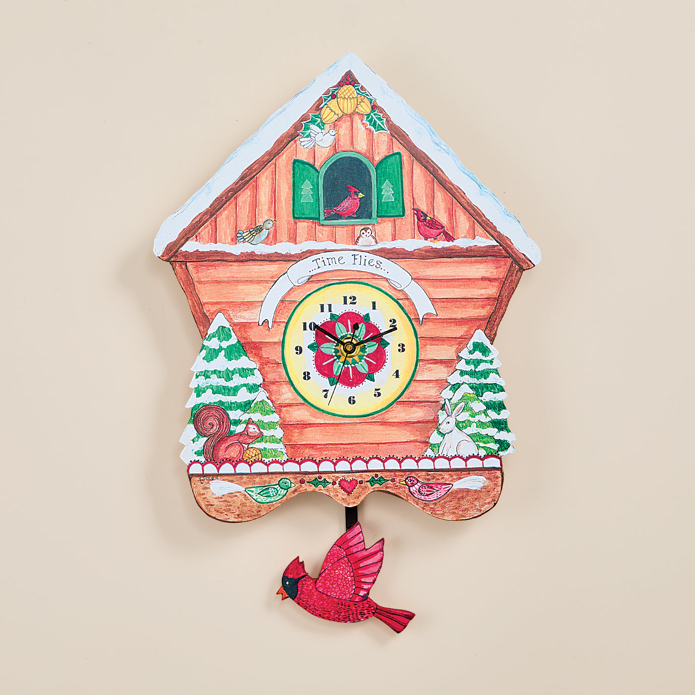 Winter Cardinals Wooden Pendulum Clock