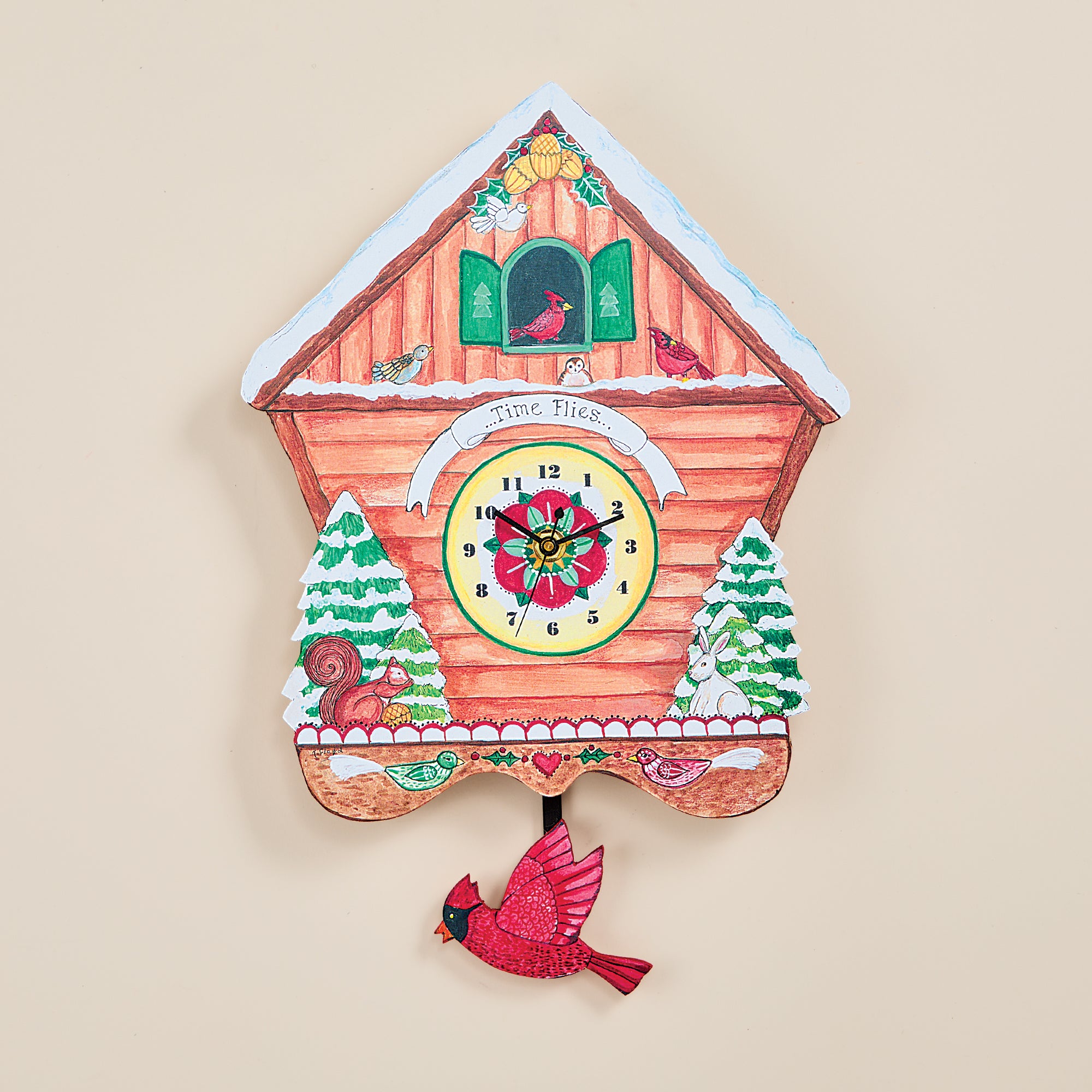 Winter Cardinals Wooden Pendulum Clock