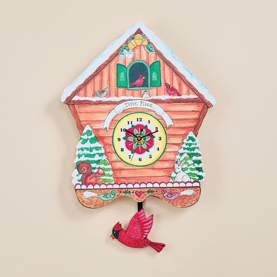 Winter Cardinals Wooden Pendulum Clock