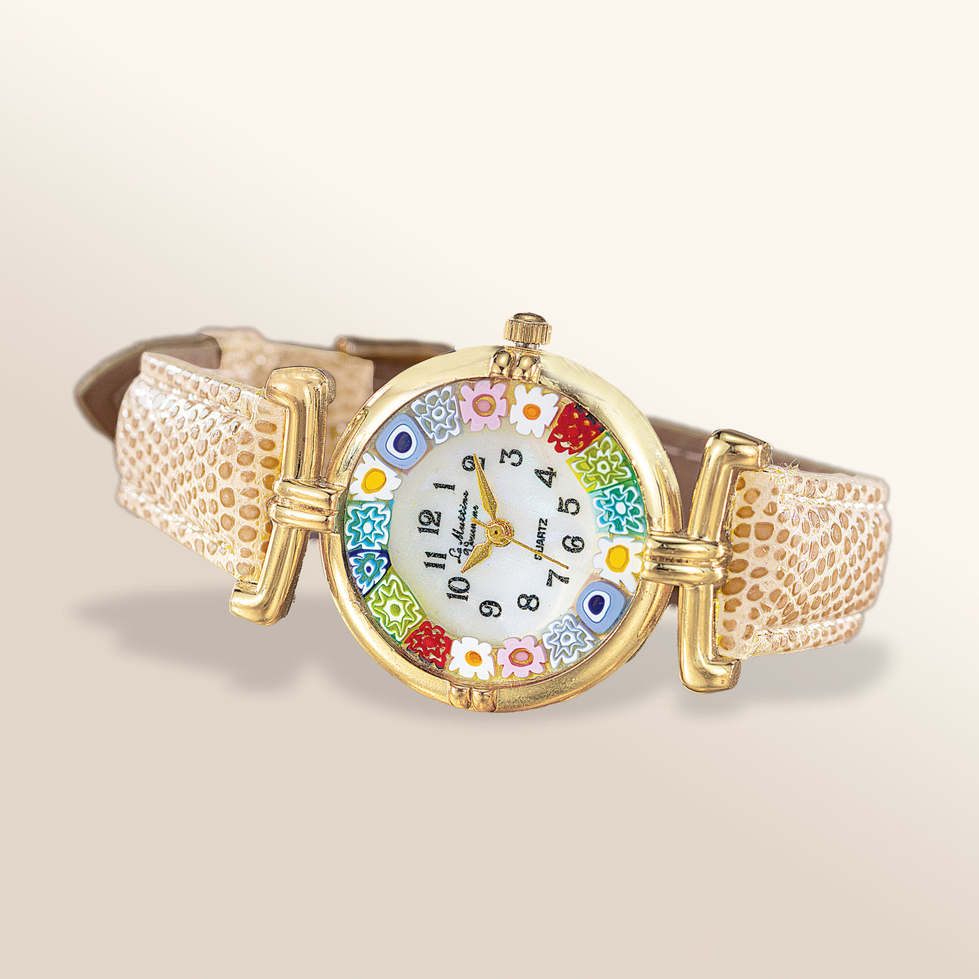 Murano Glass Millefiori Watch With Champagne Gold Leather Band