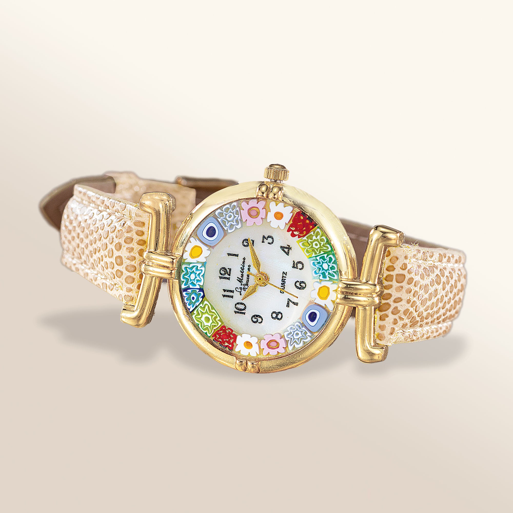 Murano Glass Millefiori Watch With Champagne Gold Leather Band
