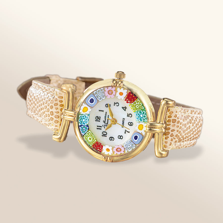 Murano Glass Millefiori Watch With Champagne Gold Leather Band