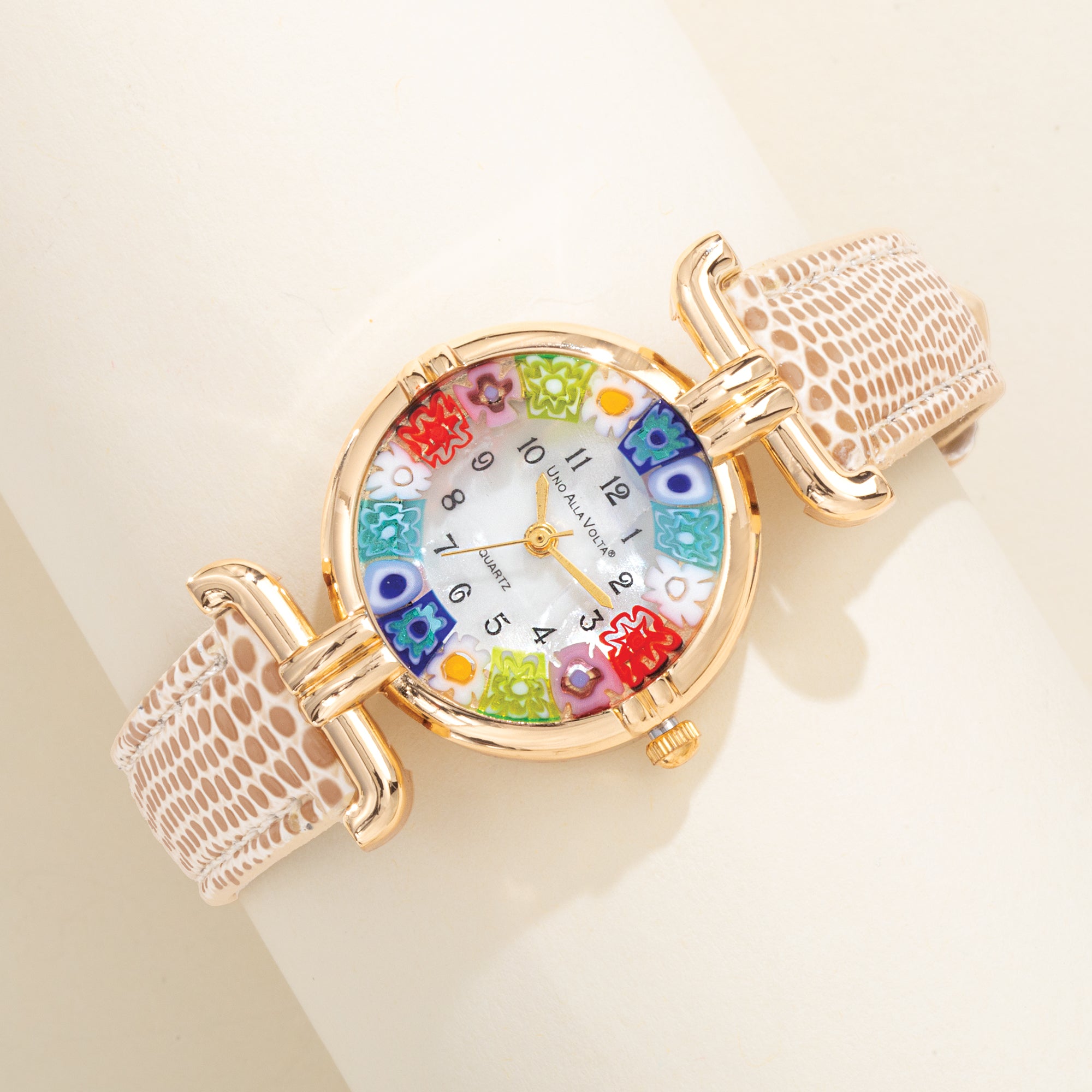 Murano Glass Millefiori Watch With Champagne Gold Leather Band