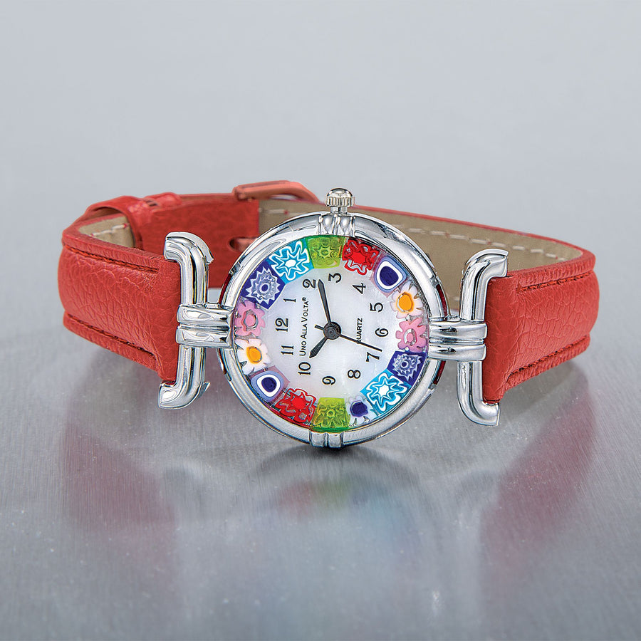 Murano Glass Millefiori Watch With Cranberry Leather Band And Silver