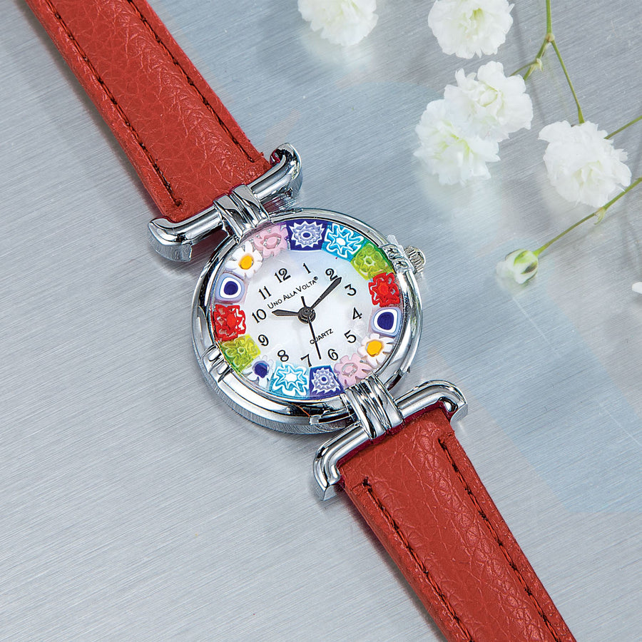 Murano Glass Millefiori Watch With Cranberry Leather Band And Silver