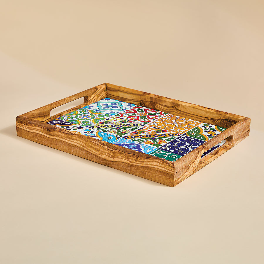 Olive Wood Italian Mosaic Tile Serving Tray (Preorder)