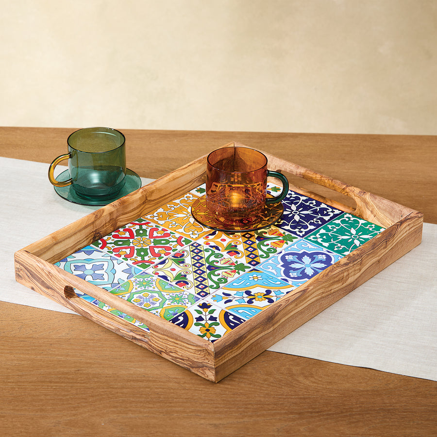 Olive Wood Italian Mosaic Tile Serving Tray (Preorder)
