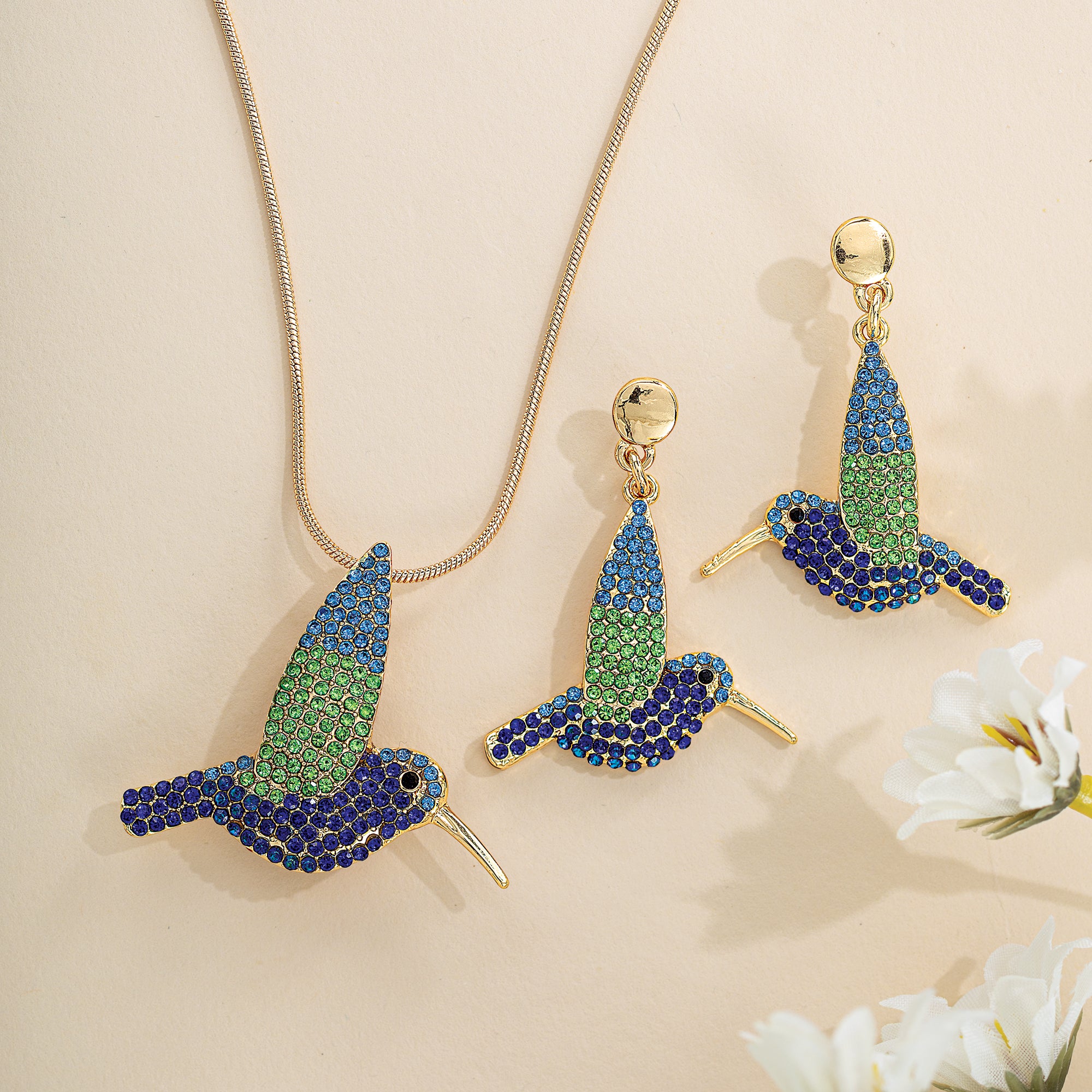 Blue & Green Crystal Hummingbird Necklace & Earrings Set (Preorder)