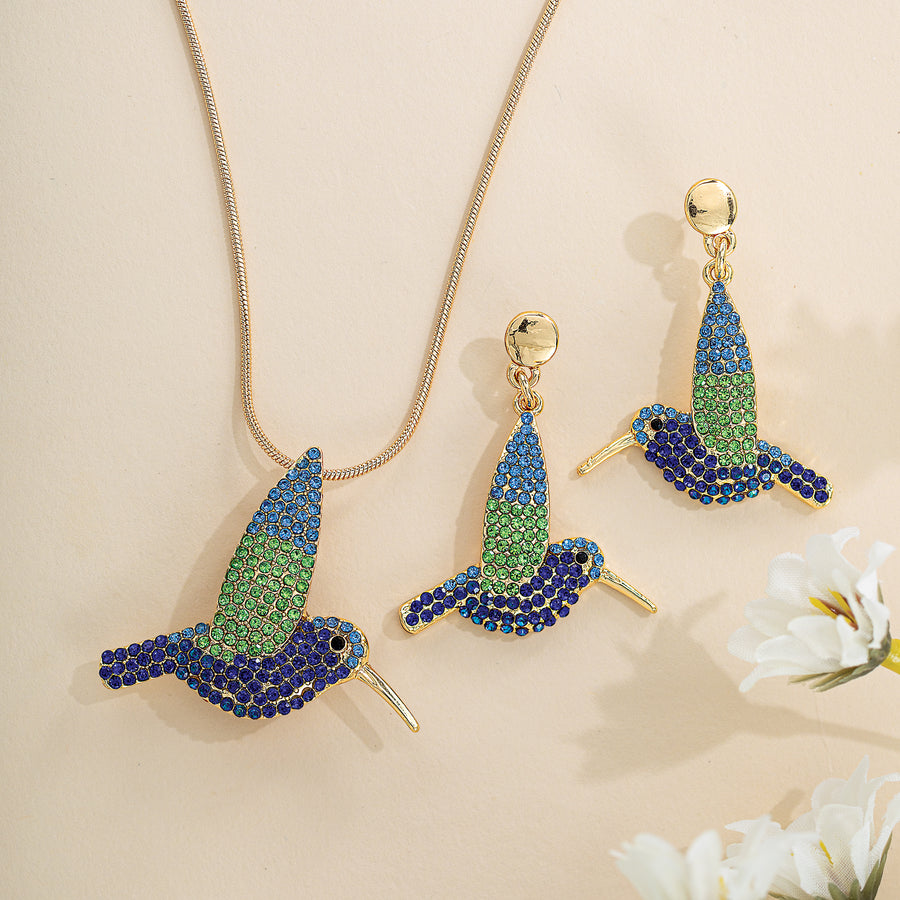 Blue & Green Crystal Hummingbird Necklace & Earrings Set (Preorder)