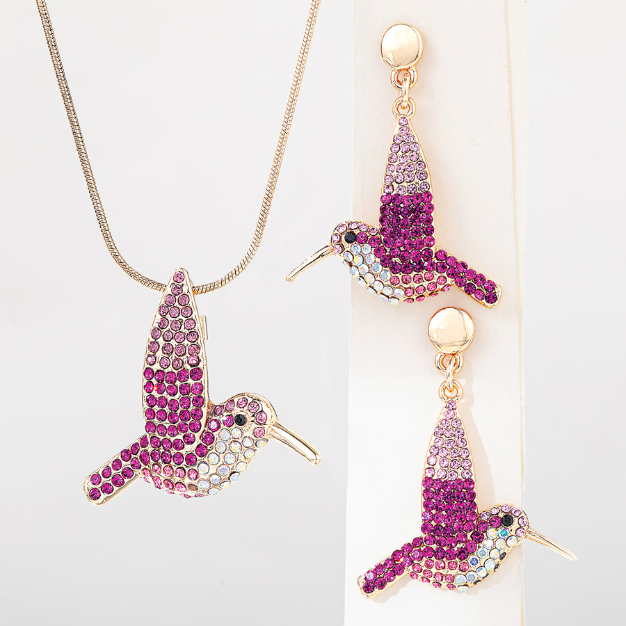 Blush Crystal Hummingbird Necklace & Earrings Set