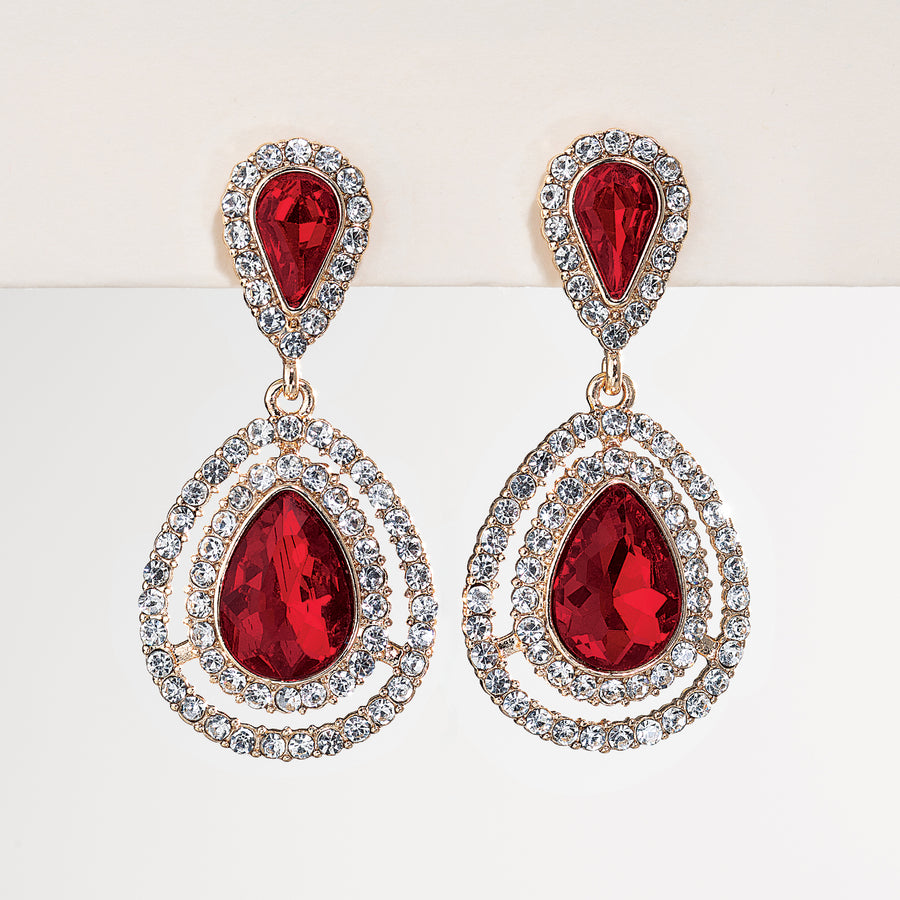 Red Crystal Teardrop Clip-On Earrings (Preorder)