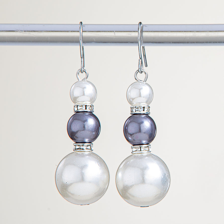 Graduated Grey & White Glass Pearl Earrings