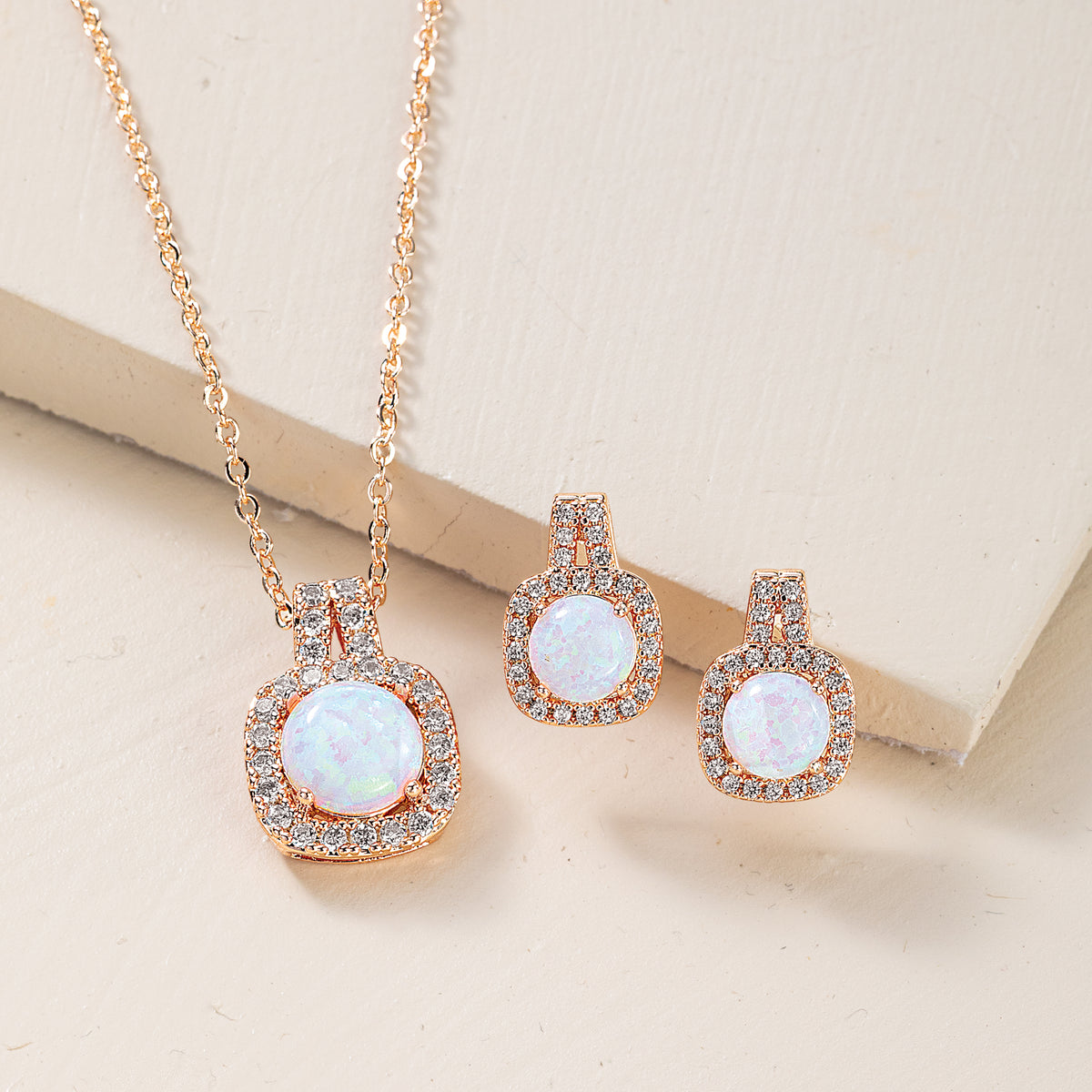 Opulent Opal Rose Gold Necklace & Earrings Set (Preorder)