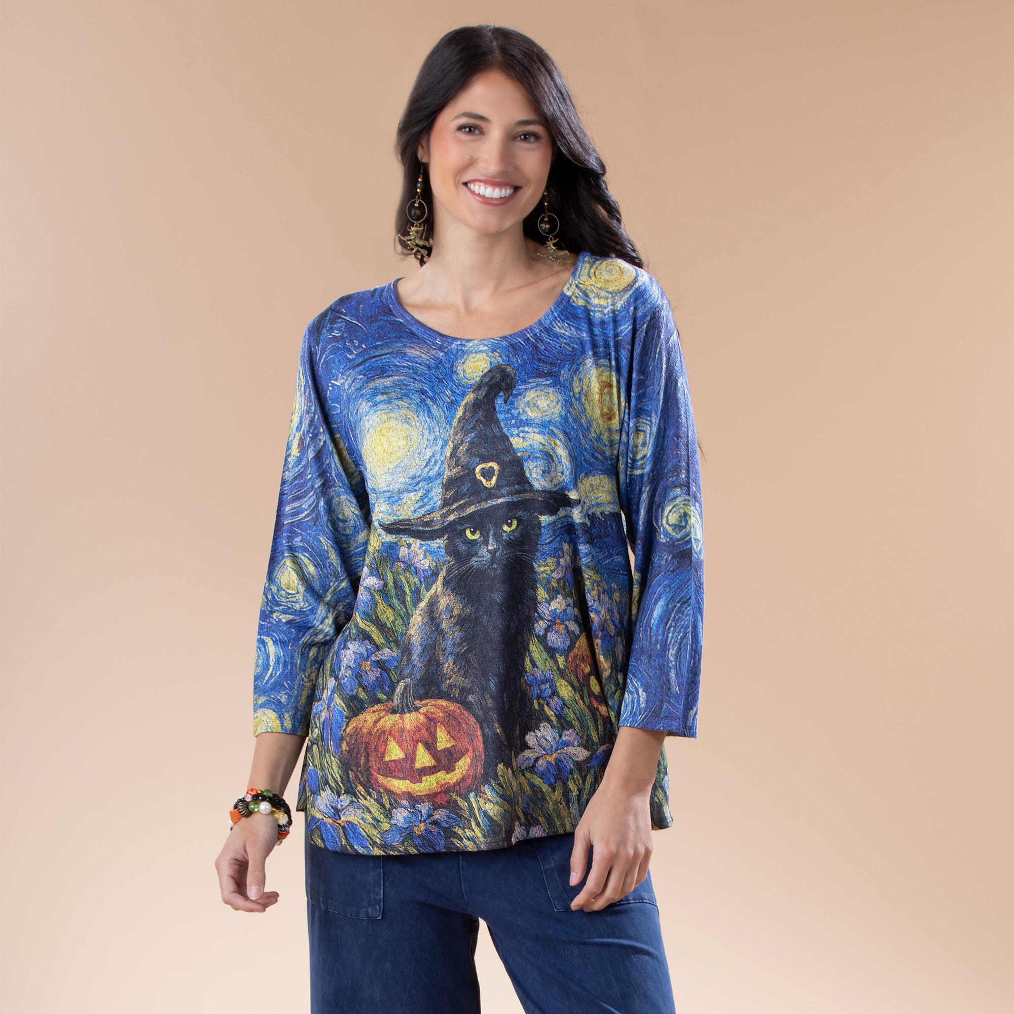 Midnight Cat in Witch's Hat Blouse