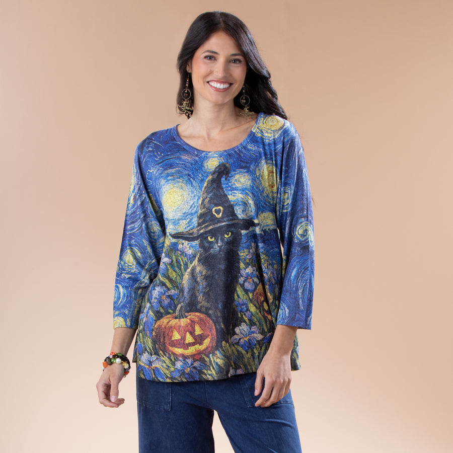 Midnight Cat in Witch's Hat Blouse