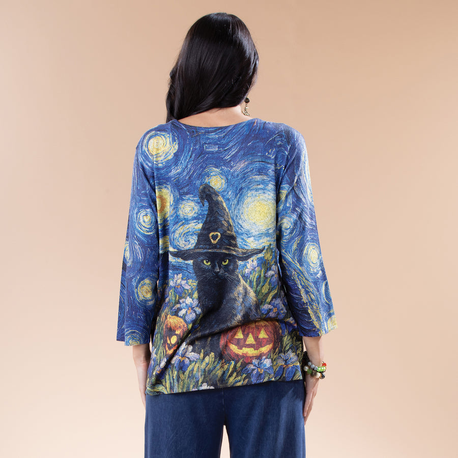 Midnight Cat in Witch's Hat Blouse