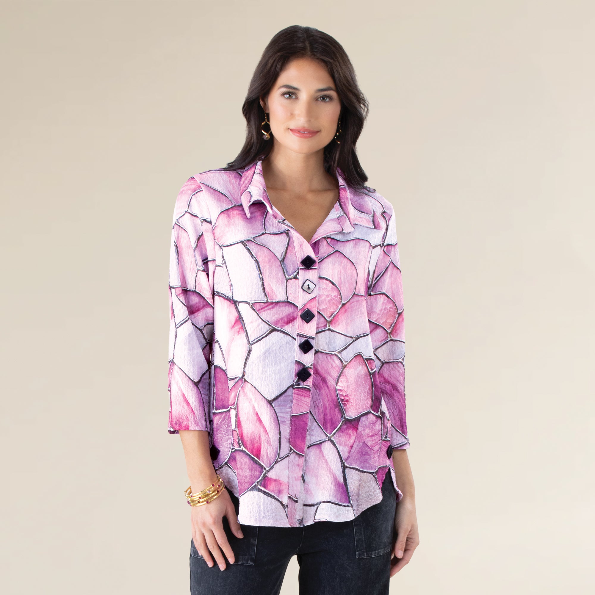 Pink Mosaic Button Up Blouse