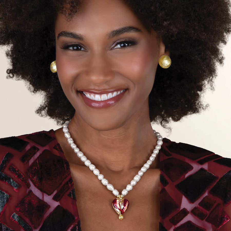 Venetian Glass Red & Gold Heart Pendant Necklace