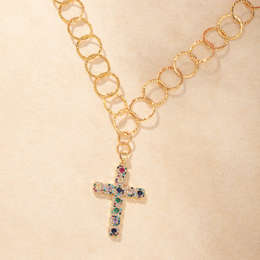 Multicolored Crystal Cross Necklace