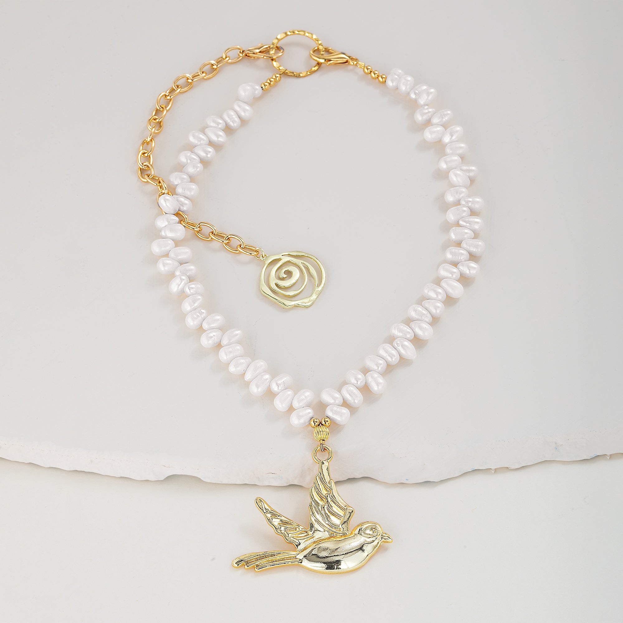 Love & Peace Freshwater Pearl Bird Pendant Necklace
