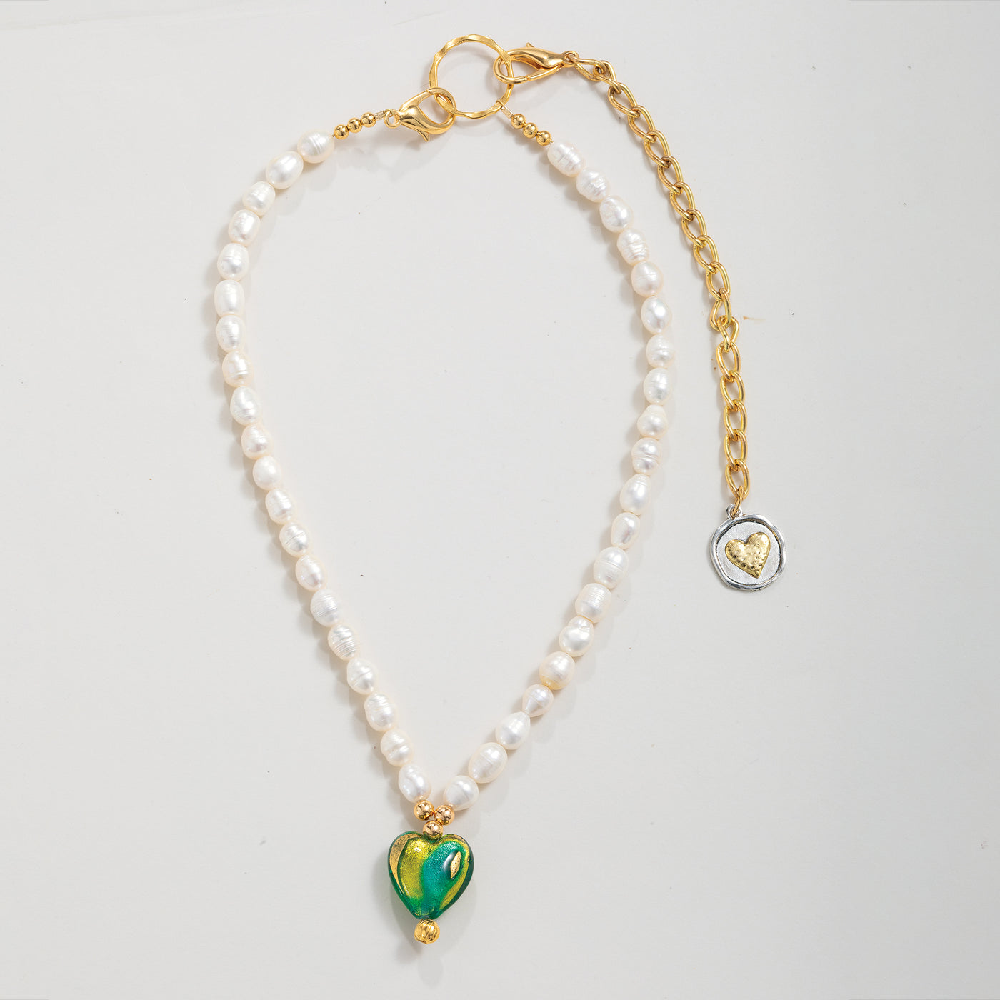 Venetian Glass Blue & Green Heart Pendant Necklace