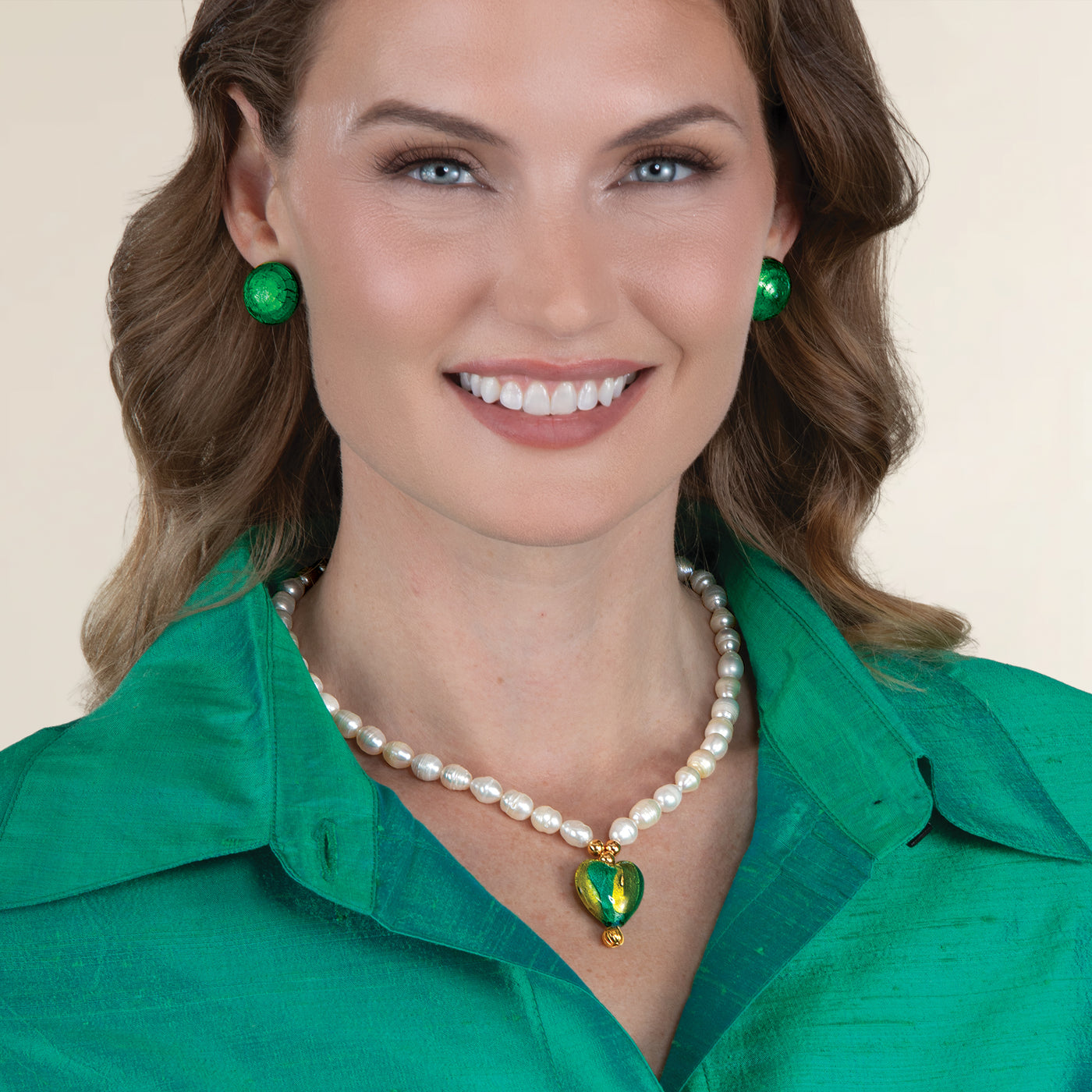 Venetian Glass Blue & Green Heart Pendant Necklace