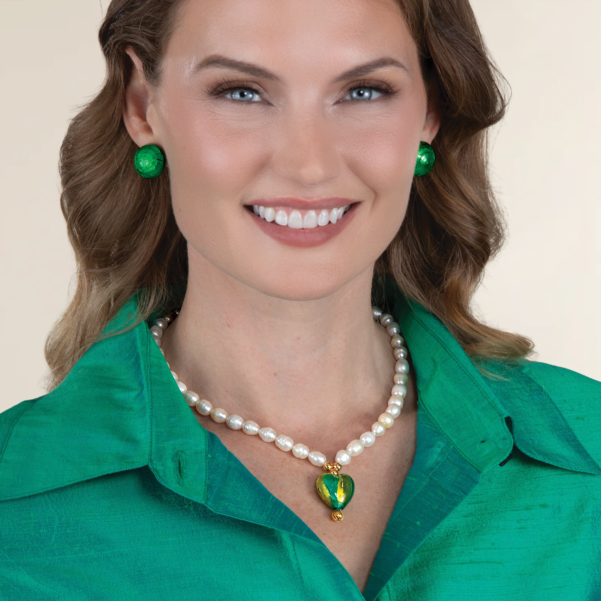 Venetian Glass Blue & Green Heart Pendant Necklace