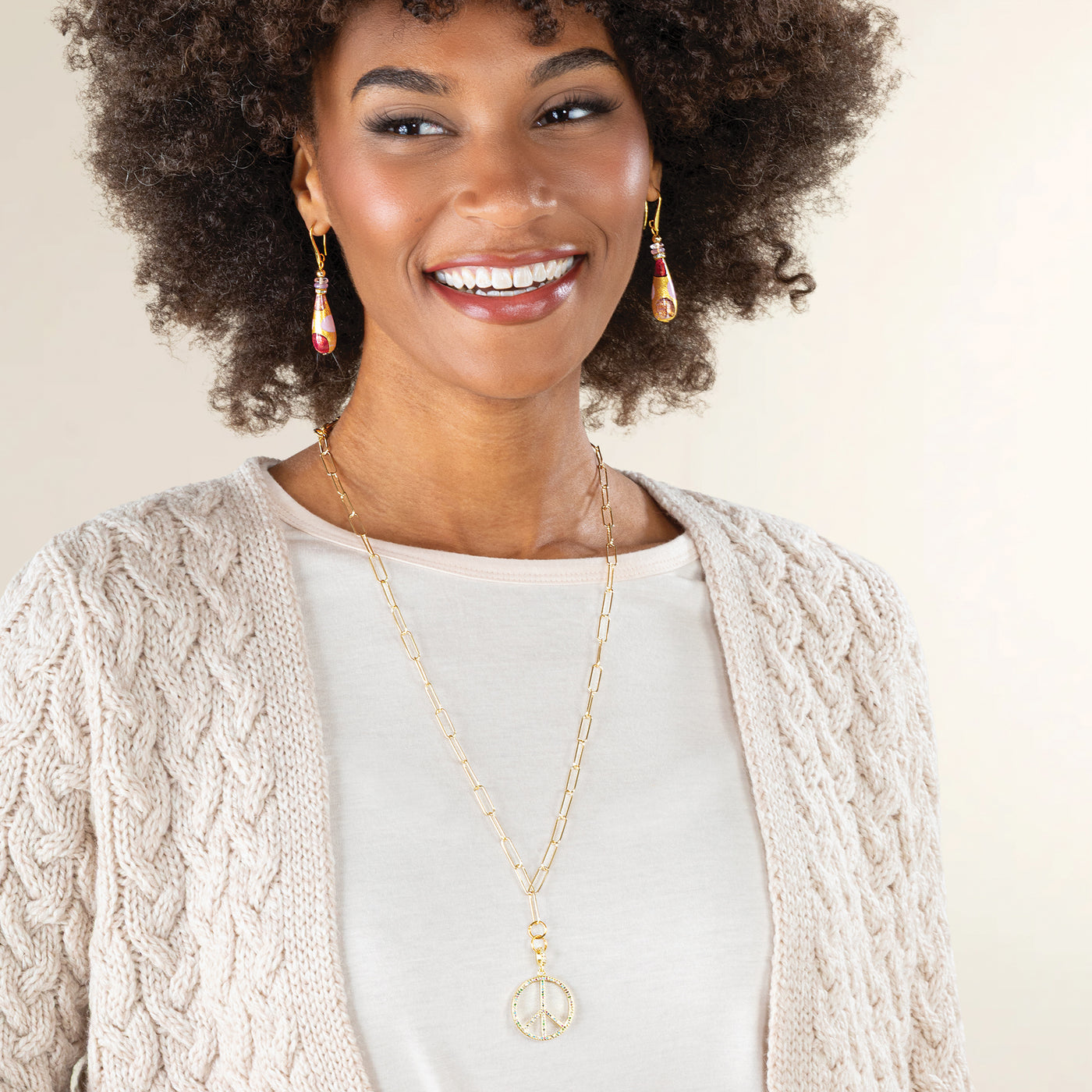 Peaceful Existence Crystal Peace Sign Pendant Necklace