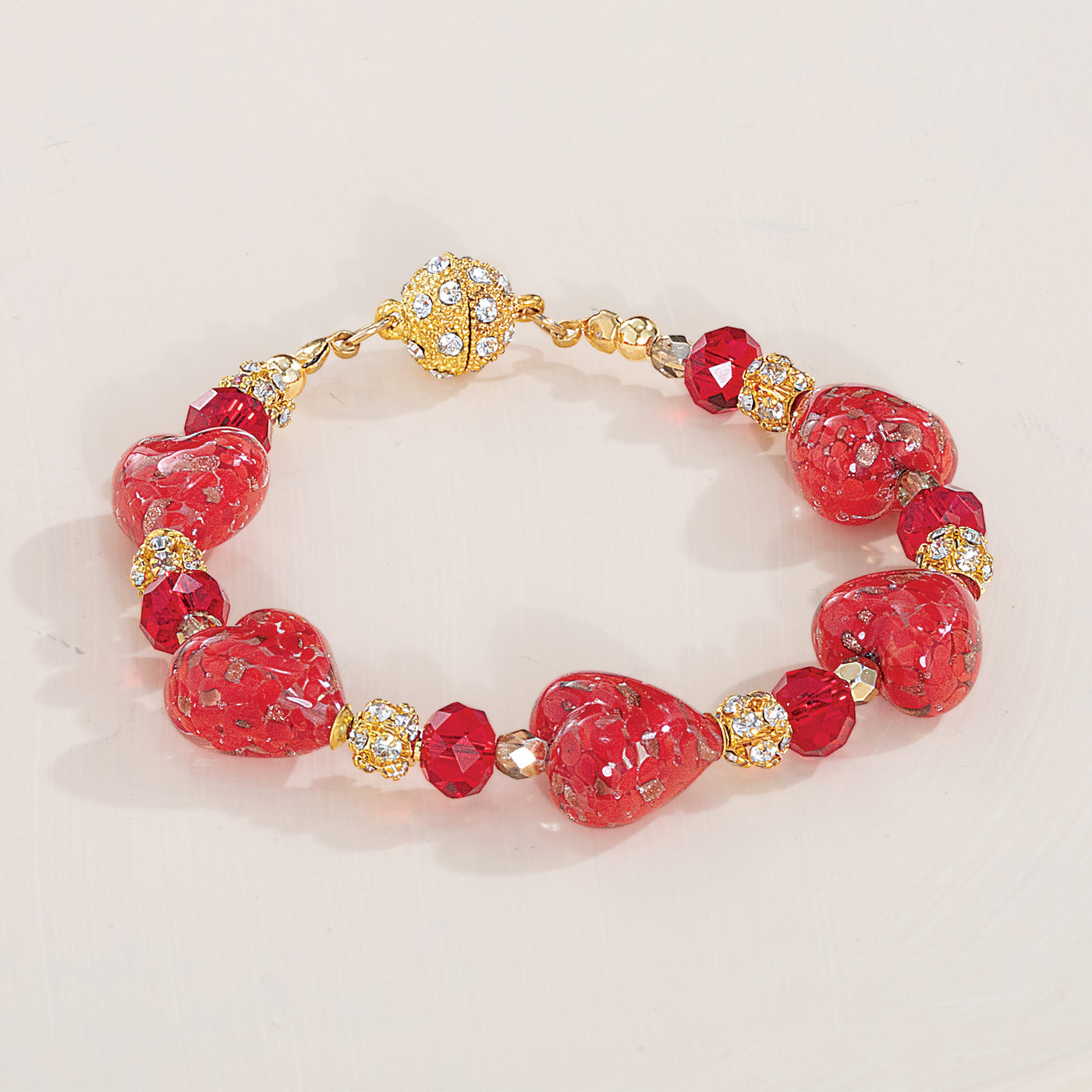 Foil-Kissed Murano Glass Red Heart Bracelet