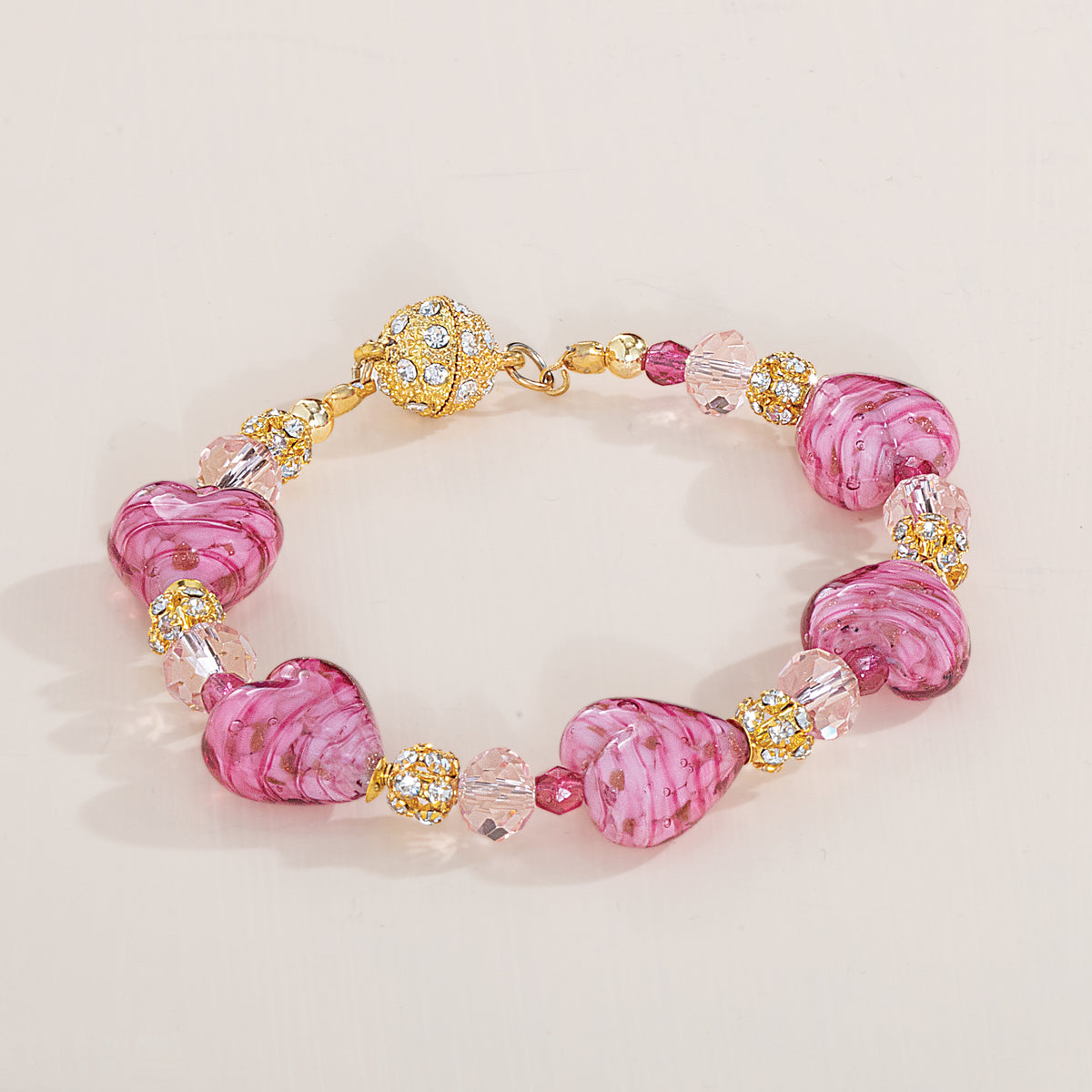 Foil-Kissed Murano Glass Pink Heart Bracelet (Preorder)