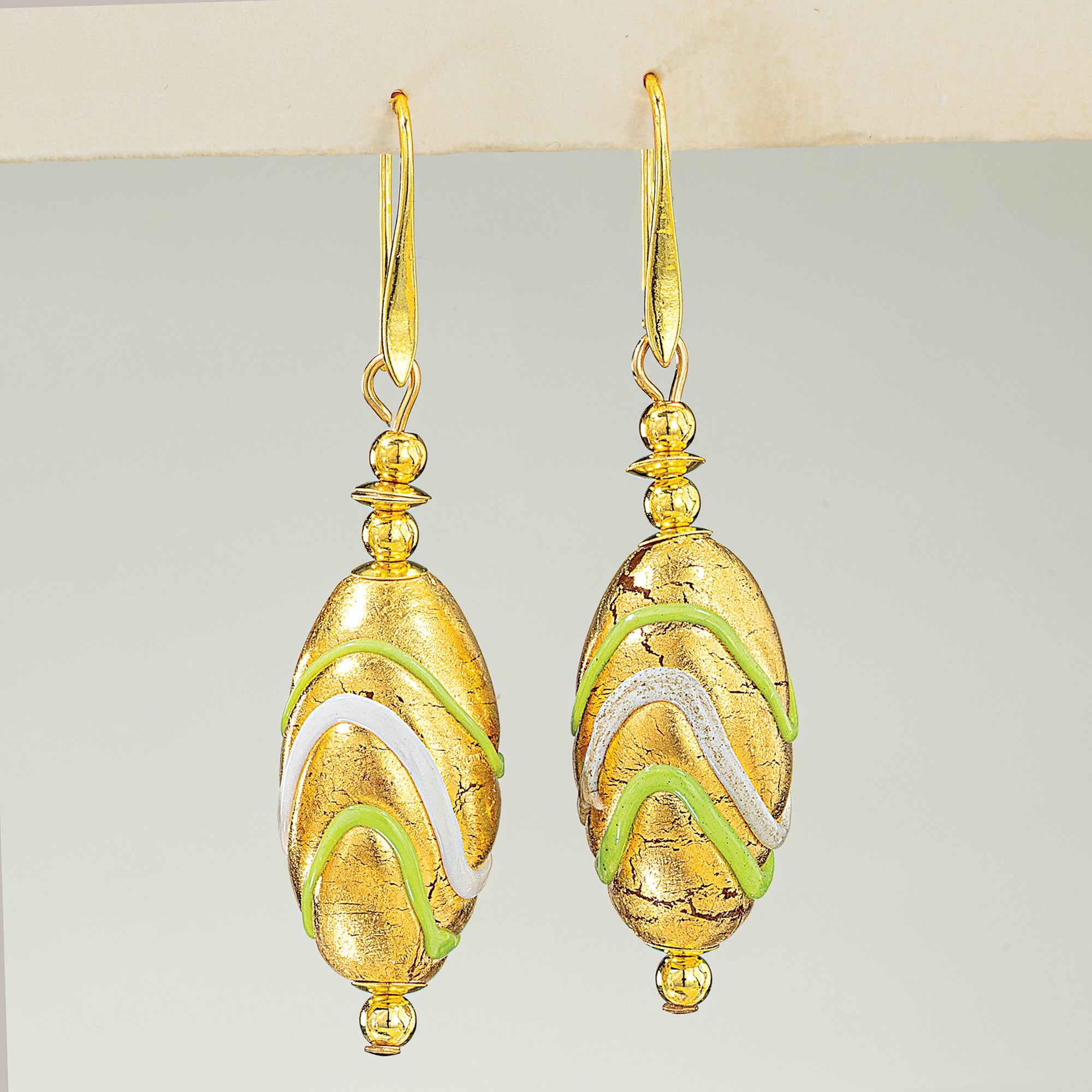 Murano Glass Oval Sage & Gold Wave Earrings