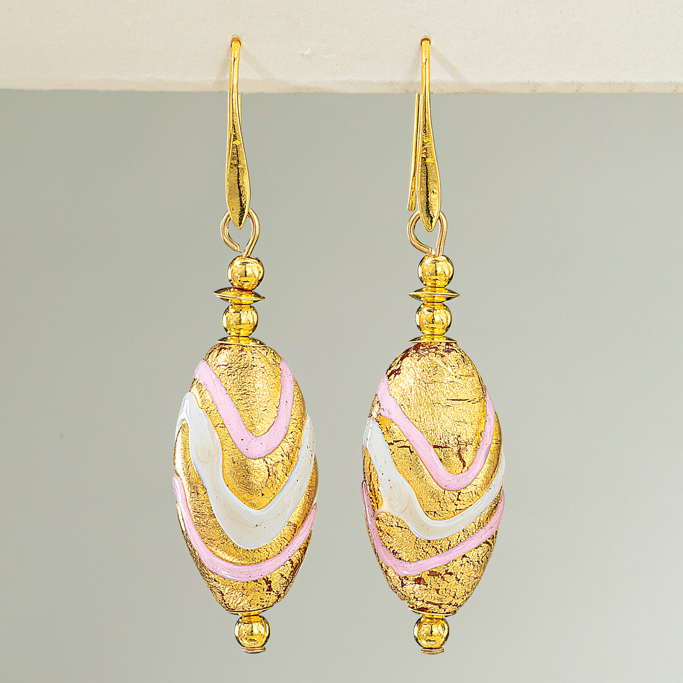 Murano Glass Oval Pink & Gold Wave Earrings