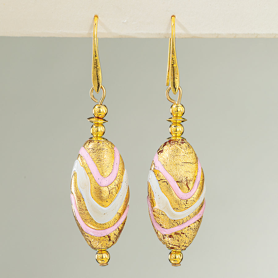 Murano Glass Oval Pink & Gold Wave Earrings