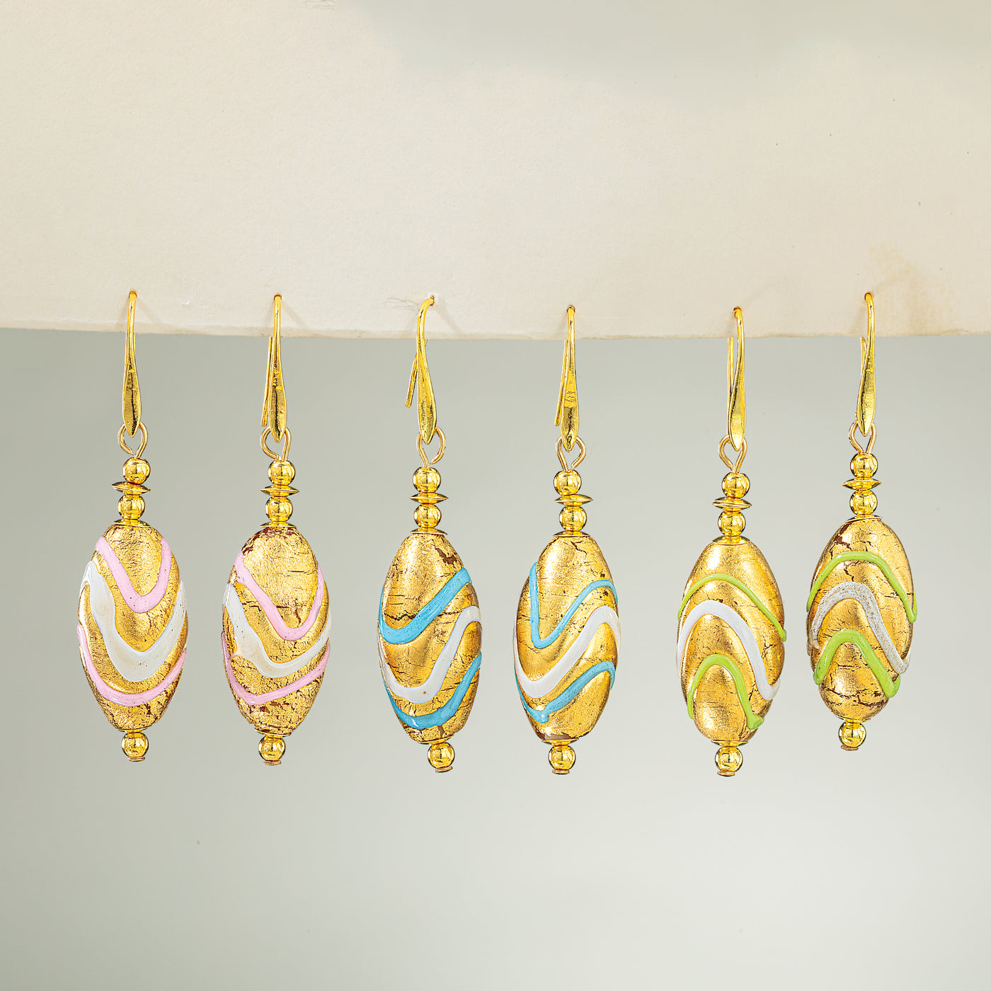 Murano Glass Oval Sage & Gold Wave Earrings